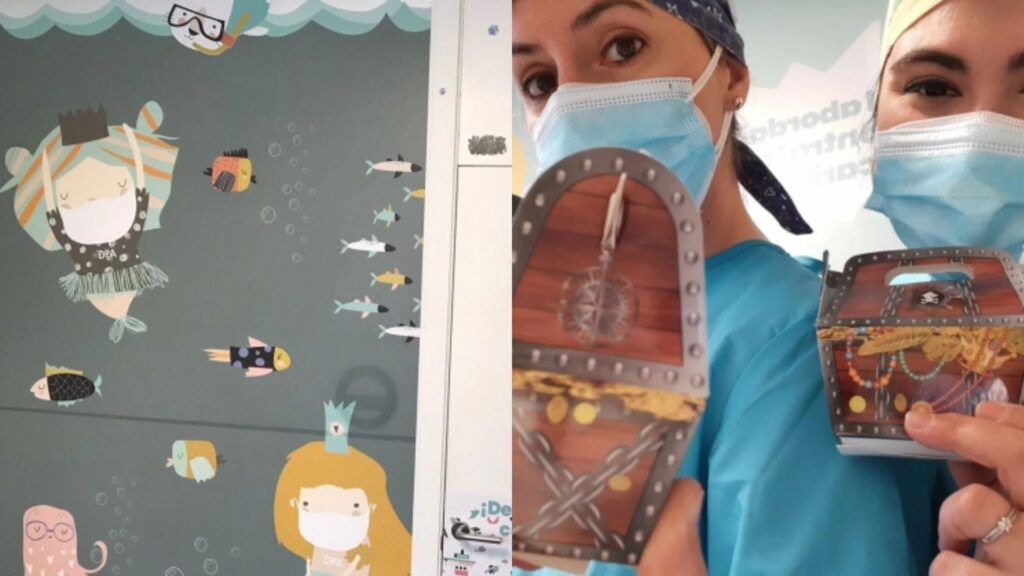 Box infantil de la Cl&iacute;nica Dental Patricia Aneiros decorado con ilustraciones marinas de sirenas, peces y personajes submarinos para crear un ambiente divertido y acogedor para los ni&ntilde;os.